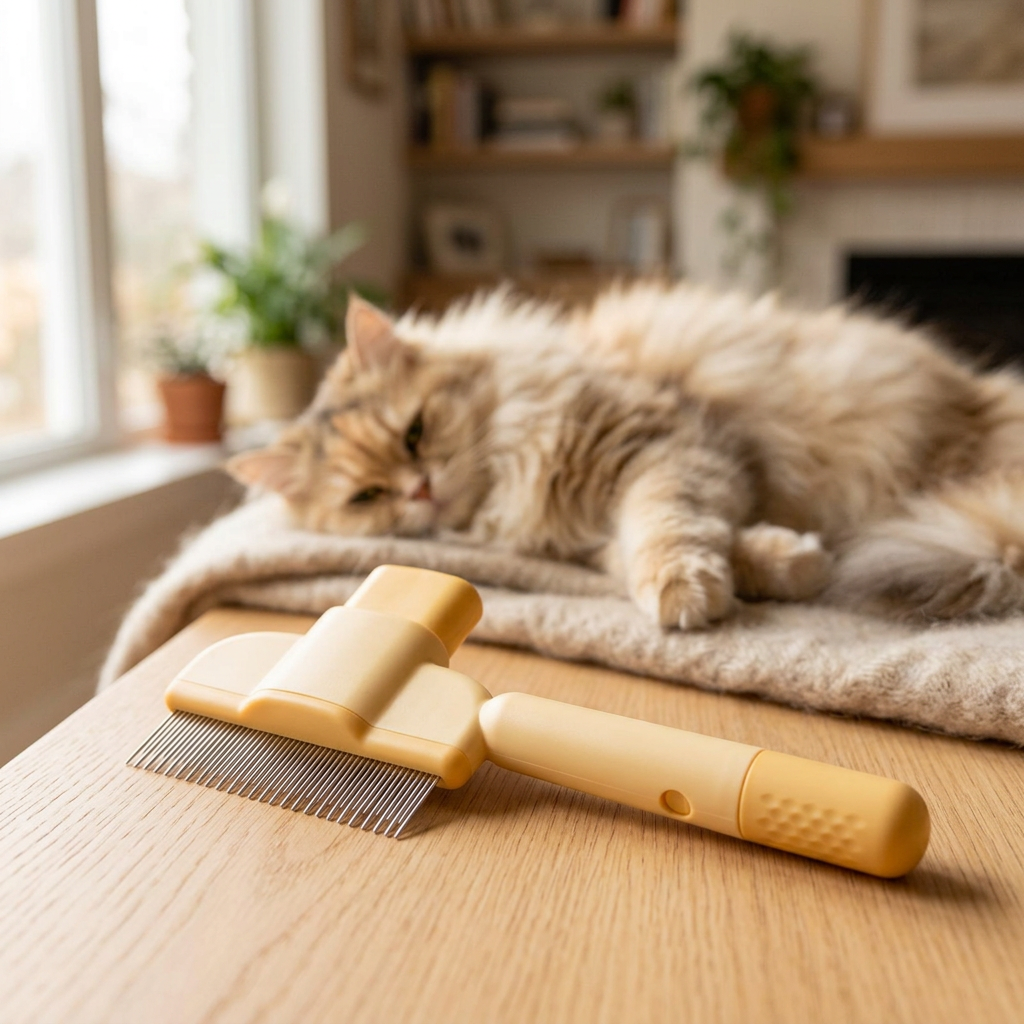 Self-cleaning pet comb on a wooden table next to a long-haired cat