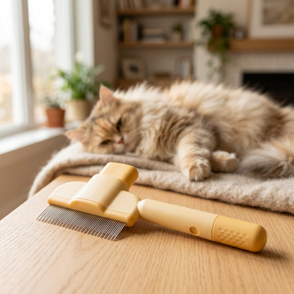 Self-cleaning pet comb on a wooden table next to a long-haired cat