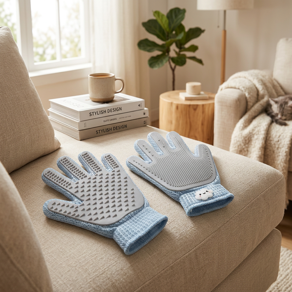 Pet grooming gloves on a beige sofa in a cozy living room